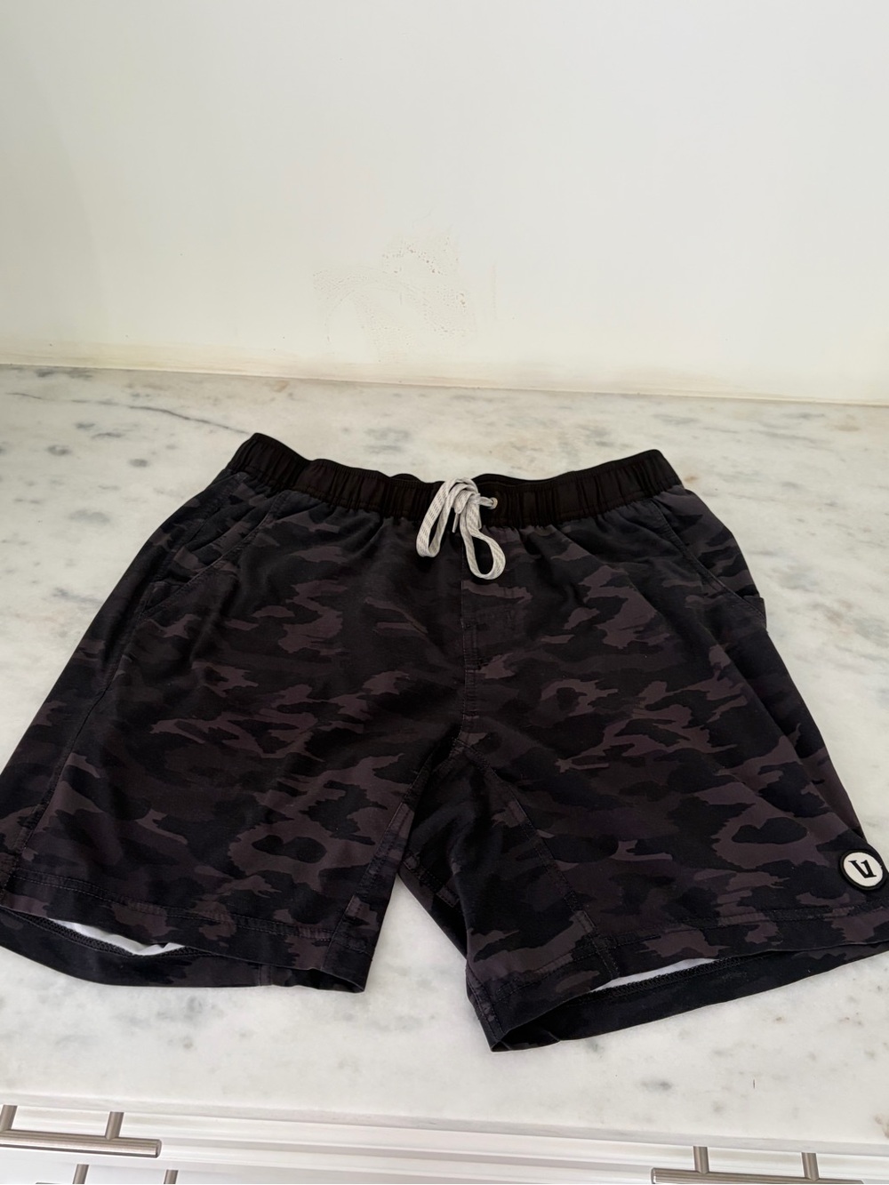 Vuori Men's Black Camo Athletic Shorts with Drawstring